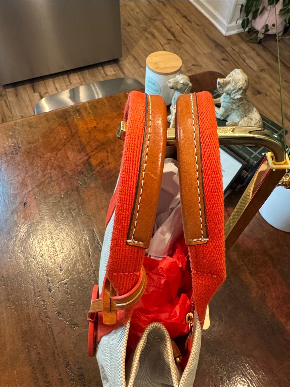 Tory Burch Canvas Tote with Red Straps and oversized Charm - Picture 4 of 13